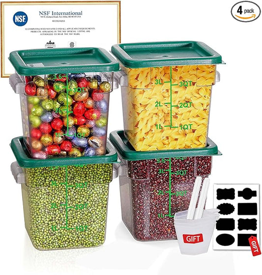 4QT NSF Food Storage Containers with Lids: 4 PCS [Total Food Grade][Hot&Cold Resistant] Commercial Clear Food Storage Containers for Restaurant Kitchen Proof Dough, Measuring Spoons Included(Green)