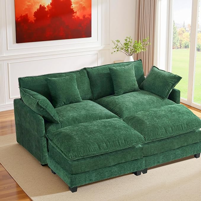 Cloud Chenille Sectional Sofa with 2 Ottoman｜Modular Couch｜FSC Solid Wood Frame｜29.1" Deep Seat｜Easy Assembly & 1YR Guarantee (Green, 77 Inch（U）)