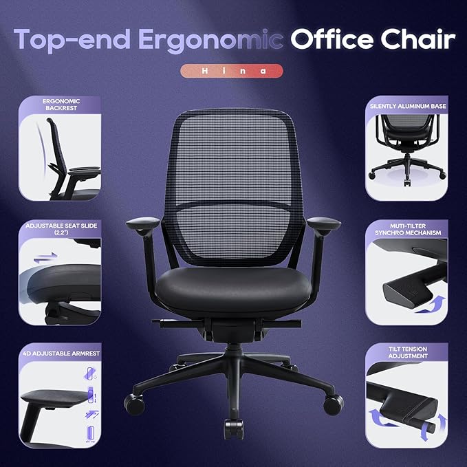 COLAMY Ergonomic Office Chair with Adjustable Seat Depth, 4D Armrests, Lumbar Support, Breathable Mesh Back, Leather Seat Cushion, and Recline Lock – Ideal Executive Desk Chair for Professionals
