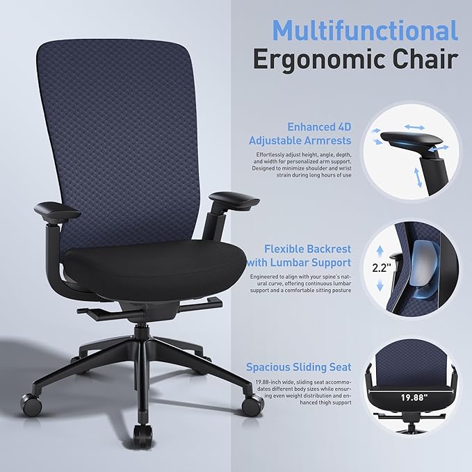 Executive Office Chair with 4D Adjustable Arms & Lumbar Support - Mesh Seat Depth Adjustment, 107°-115°-123°-132° Recline, Memory Foam & Aluminum Base for Modern Home/Office,Blue
