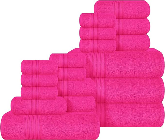 BOUTIQUO 100% Cotton Towel Set, Contains 4 Soft Bath Towel, 6 Hand Towels, 8 Wash Cloths - Compact Absorbent Lightweight & Quickdry Towels for Bathroom - 18 Piece Bathroom Towel Set - Hot Pink
