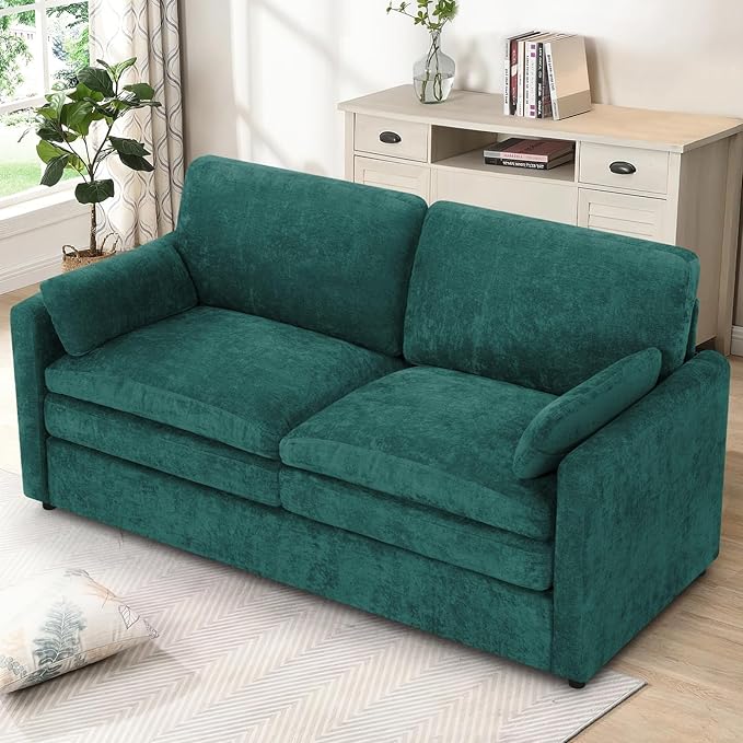 69" Chenille 2 Seats Sofa with 2 Pillows, Modern Upholstered Sofa with Deeper Seats, Comfy Sofa with Thickened Cushions for Living Room, Apartment,Teal