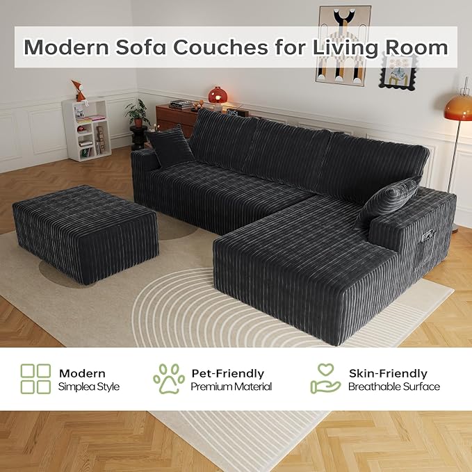 Cloud Sectional Couch with L-Shape Chaise,4 Seat Modern Modular Sofa with Deep Seat (Gray, Ottoman)