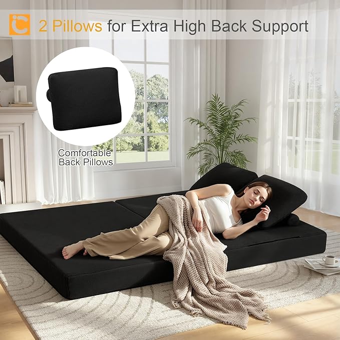 COMAX Convertible Sofa Bed, Folding Floor Couch Fold Out Couch Bed Futon Sleeper Mattress with Pillows, Boneless Sofa Comfy Lounge Loveseat for Living Room Bedroom, Faux Fur Black