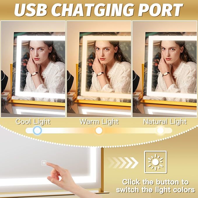 FENNIO Vanity Mirror with Lights 22''x18'' Makeup Mirror with Lights,Lighted Makeup Mirror with 10X Magnification ，Smart Touch Screen with 3-Color Lighting,Dimmable（Square Gold）