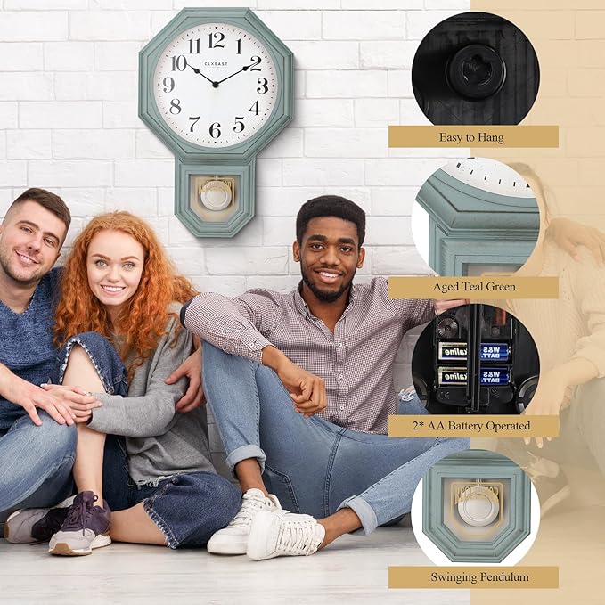 CLXEAST Pendulum Wall Clock, Schoolhouse Regulator Clock with Pendulum,Antique Aged Teal Green ABS Plastic,House Warming Gifts New Home,12" W x 17.5" H