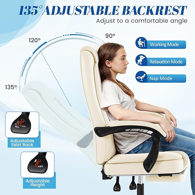 Furmax Office Chair with Footrest Ergonomic High Back Design Executive Computer Desk Chair400lbs, 90-135° Reclining Leather Home Office Desk Chairs Swivel Task Chairs with Wheels (Beige)