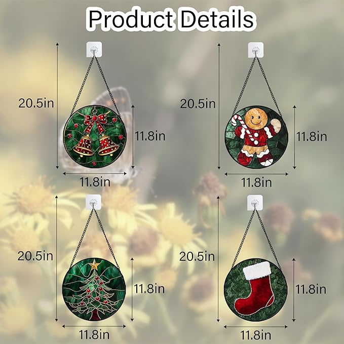 Stained Glass Window Hanging 4 Pcs Set Red Christmas Stockings and Gingerbread Large 11.8" - Suncatcher Door Garden Sun Catcher Decor Birthday Mother's Day Xmas Gifts for Mom Woman Nana Men