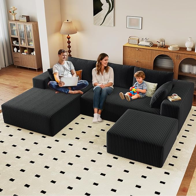 96" U-Shape Cloud Couch, Modern Modular Sectional L-Shape Sofa with Ottoman, Corduroy Upholstered Couches Deep Seat Sleeper Chaise Longue for Living Room, No Assembly Required(Black, Left Facing)