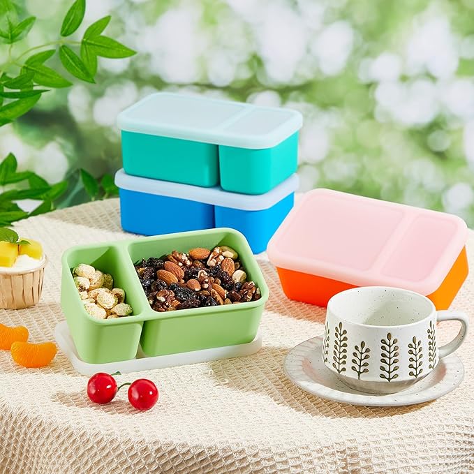 Roshtia 4 Pack Silicone Food Containers with Lids, Reusable Packs Bento Lunch Box for Meal Prep Food Storage, Microwave Dishwasher Safe(2 Compartment,Light)