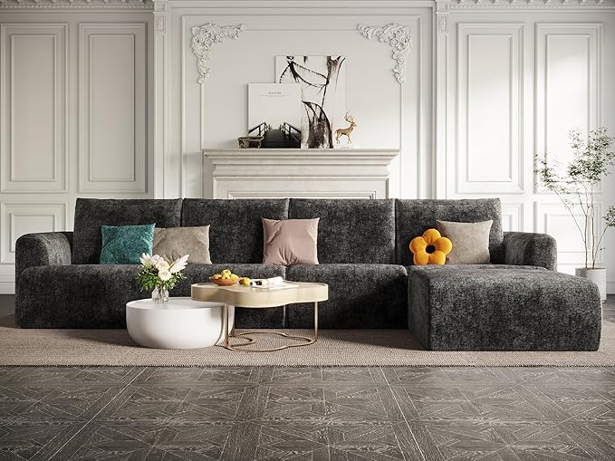 EASE MOOSE Cloud Couch Sectional Sofa, Large L-Shaped Oversized Modular Couch for Living Room, Minimalist Boneless Convertible Couches with Ottoman, 5-Seat Deep Sofa for Bedroom, Chenille (Dark Grey)
