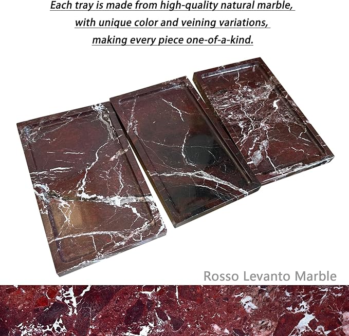 Natural Red Marble Vanity Tray, 9.8"x5.9" Genuine Marble Tray for Bathroom/Kitchen/Dresser (Rosso Levanto)