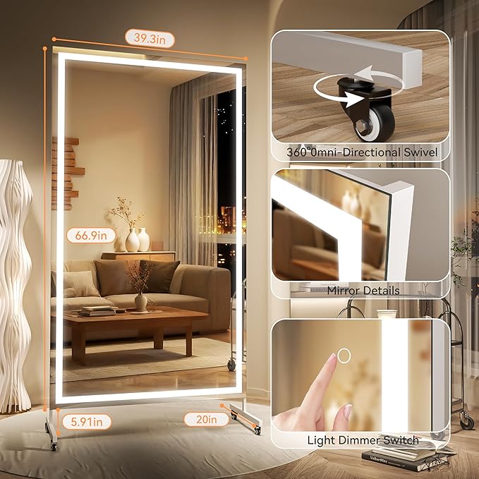 Hasipu Home Gym Mirror with Light 360° Swivel on Wheels, 67" x 40" Extra Large Full Length Rolling LED Mirror for Yoga Studio, Bedroom, Dancing Studio, White