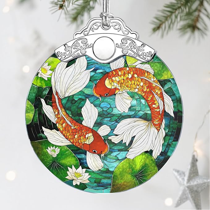Koi Fish Stained Glass Ornament - Christmas Decorations for Tree | Christmas Ornaments | Koi Fish Art Decor – Holiday Party Gifts | Xmas Gifts | Gift Exchange | Gift Idea