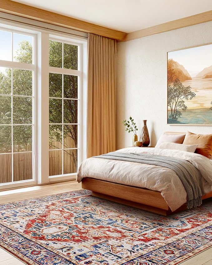 AMADA HOMEFURNISHING 8x10 Washable Area Rug, Low-Profile Large Area Rug with Non-Slip Backing & Durable Edge Binding, Vintage Large Rugs for Living Room, Bedroom, Dinning Room