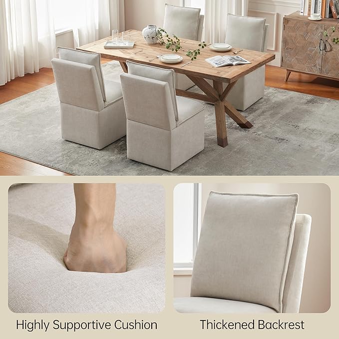 VKNOW Upholstered Dining Chairs, Modern Rolling Chairs with Storage and Wheels, Linen Armless Chair with Cushion and Backrest, Dining Room Chairs for Living Room Kitchen Bedroom, Beige