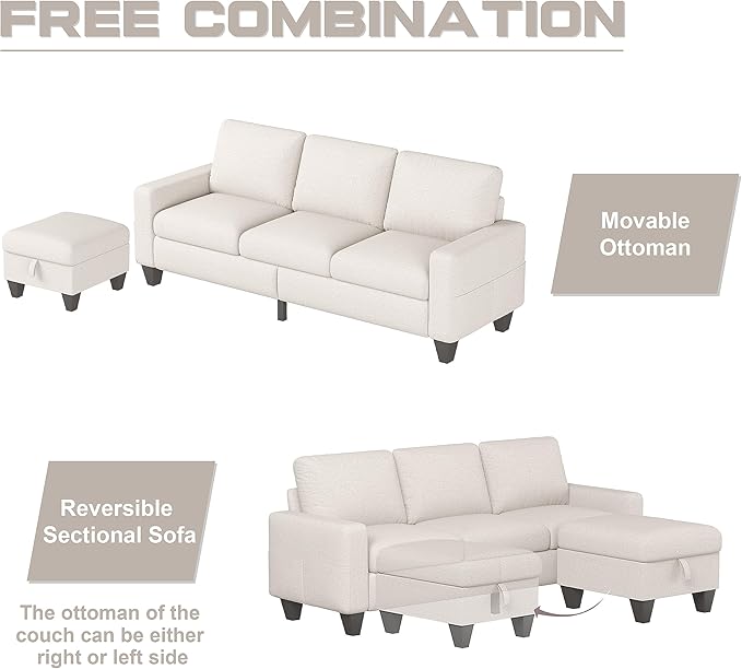 ZeeFu Couch for Living Room - 78'' Beige Linen 3 Seat L-Shaped Sectional Sofa Couches with Storage Ottoman - Modern Small Space Upholstered Furniture Sofa Set for Office Small Space Apartment Bedroom