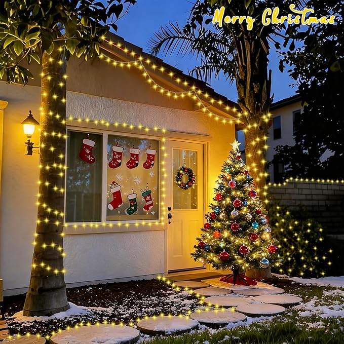 QITONG Warm White Christmas Lights Outdoor, Clear Wire 165ft 500 LED String Light Plug-in, 8 Modes Twinkle Xmas Lights Indoor