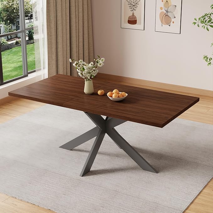 ZckyCine 63"-79" Extendable Dining Table, Modern Walnut Finish Table with Sturdy Metal Frame, Rectangular Kitchen Table for 6-8 People, Easy Assembly, Space-Saving Design