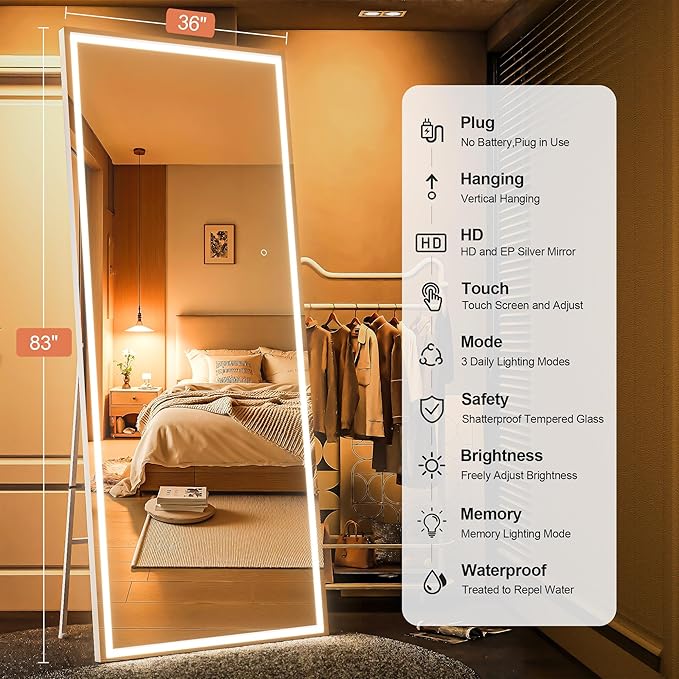 Full Length Mirror with Lights, 83" x 36" Large LED Lighted Floor Standing Body Mirror, Dimmable & 3 Color Lighting for Bedroom, Cloakroom, Dressing Room, Leaning & Hanging, Square Black