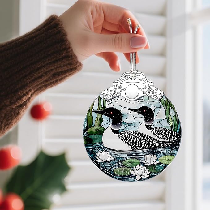 Loon Birds Stained Glass Ornament - Christmas Decorations for Tree | Christmas Ornaments | Holiday Ornament – Gifts for Bird Lovers | Holiday Party Gifts | Gift Ideas & Xmas Gift