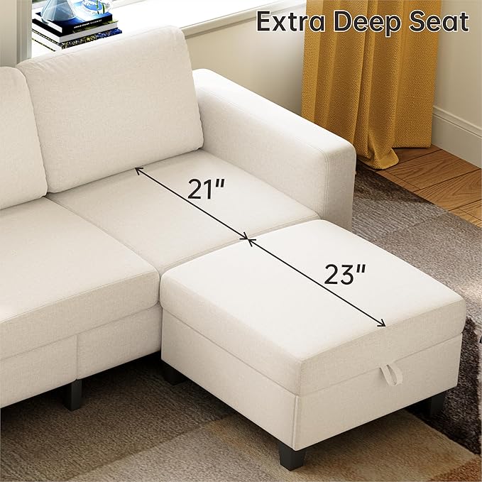 Sectional Sofa Couches for Living Room, 78'' Beige 3 Seater L-Shaped Couch with Storage Ottoman, Comfy Fabric Convertible Sectionals Sofas with Chaise for Apartment, Office, Small Space