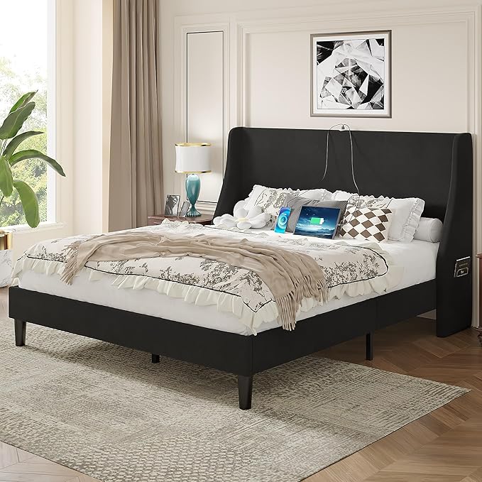 VECELO Queen Bed Frame with Upholstered Wingback Headboard, Heavy-Duty Platform Bedframe with Charging Station, Wooden Slats, No Box Spring Needed, Grey
