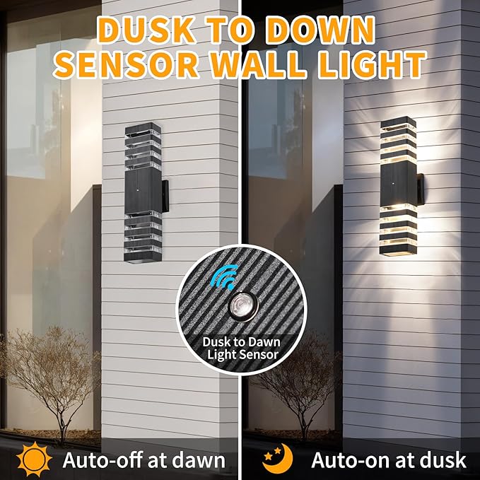 18.3 Inches Dusk to Dawn Outdoor Lighting,Up and Down Exterior Light Fixtures with 4 * 7W LED Bulbs,Waterproof Modern Long Outdoor Wall Light,Black Outdoor Porch Light for House,Garage,Patio
