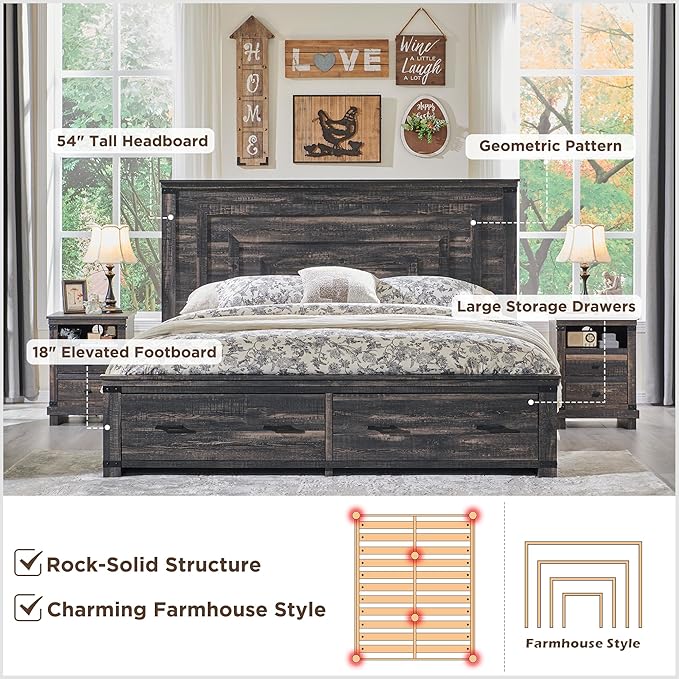 RedLemon Farmhouse Queen Size Bed Frame w/ 54" Tall Geometric Headboard, Rustic Wood Platform Bed w/ 2 Large Storage Drawers, Wood Slats Support, Noise Free, No Box Spring Needed, Dark Rustic Oak