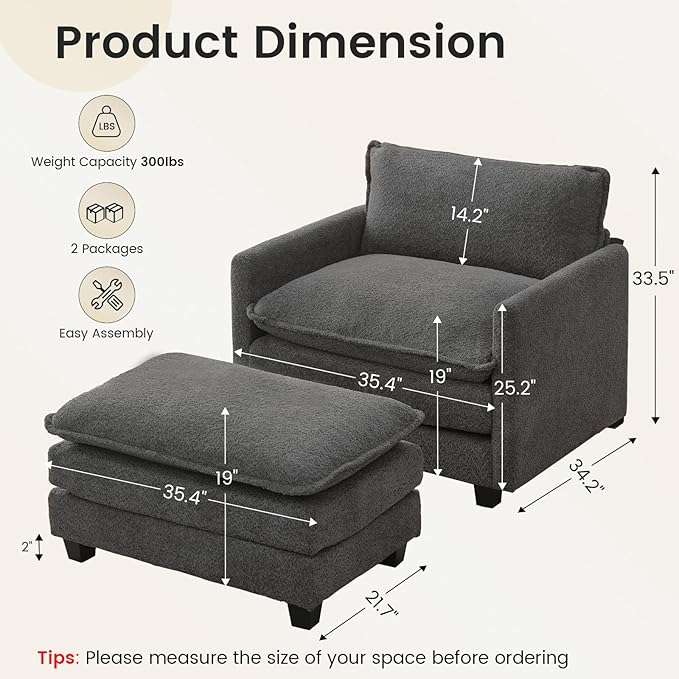 ROWHY Convertible Sectional Couch with Ottoman, Single Armchair with armrests, Modern Living Room Furniture Set, Small Couches for Small Spaces, for Living Room, Chenille, Charcoal Grey