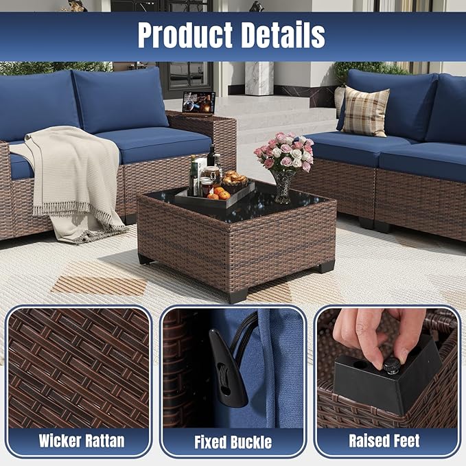 Aoxun 7 Pieces Patio Furniture Set with 44” Fire Pit Table Wicker Rattan Outdoor Sectional Conversation Set with Coffee Table and 4” Thickened Cushions, Blue(Waterproof Cover Included)
