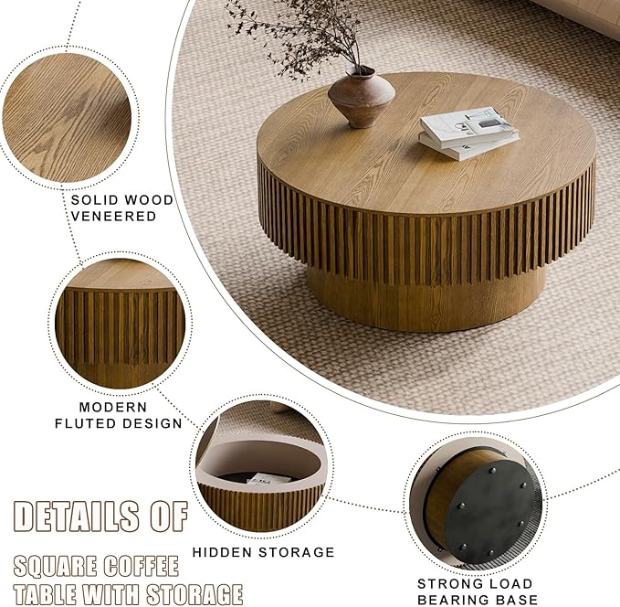 31.5'' Small Round Coffee Table with Storage, Fluted Coffee Table with Solid Wood Veneered, Mid Century Modern Wooden Center Table, Accent Tea Table for Small Space Living Room Apartment, Brown