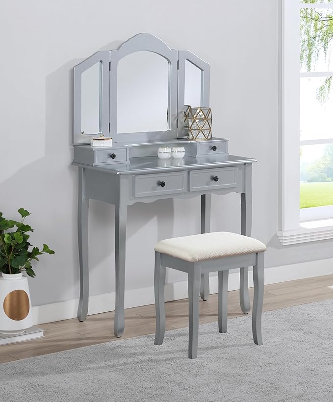 Roundhill Furniture Sanlo Wooden Vanity | Make Up Table and Stool Set | Silver