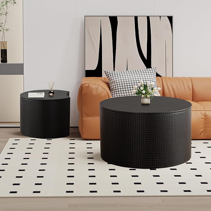 Round Nesting Coffee Table Set of 2, Round Fluted Coffee Tables with Storage for Living Room Leather Veneer Modern Nesting End Side Tables for Small Spaces (A Storage Black)