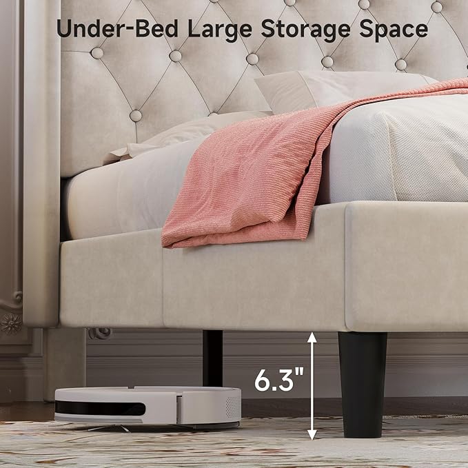 koorlian Full Size Bed Frame, Full Bed Frame with Headboard, Adjustable Velvet Upholstered Bed Frame with Type-C&USB Port, Wingback Storage Headboard, Solid Wood Slats Support, Noiseless, Beige