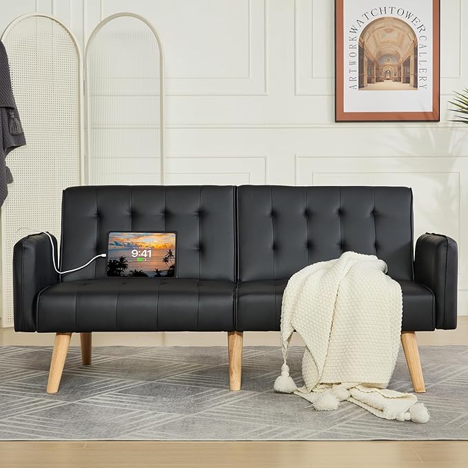 TYBOATLE Faux Leather Convertible 65'' Folding Futon Sofa Bed w/ 2 USB, Loveseat for Small Space, Apartment, Dorm, Living Room, Office, Black