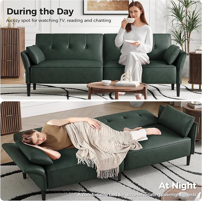 89” Futon Sofa Bed,Futon Couch Bed with 2 Square Pillows,Convertible Sleeper Sofa with Adjustable Backrest& Armrests, Modern Loveseat Sleeper for Living Room, Bedroom,Faux Leather Green