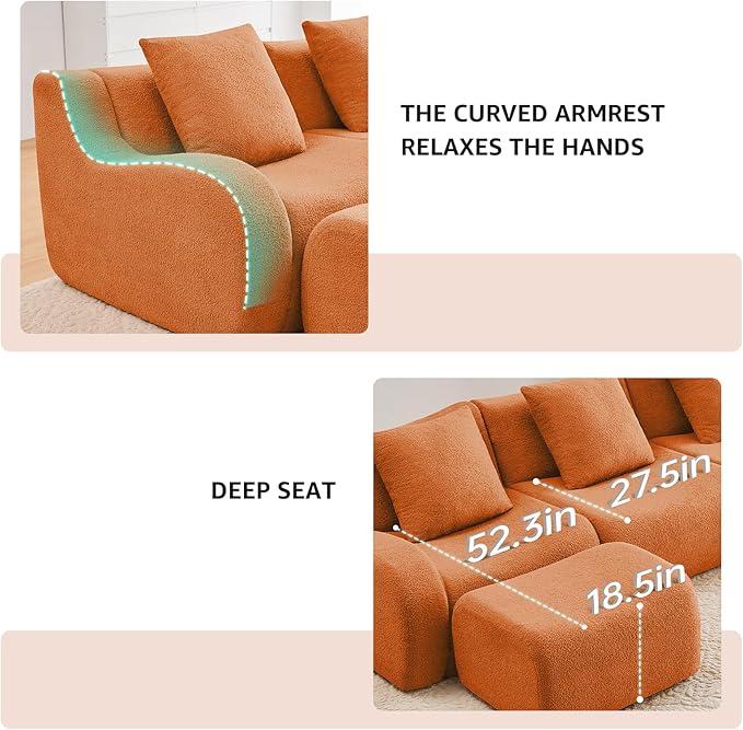 Orange Cloud Couch Loveseat, Modern Teddy Fabric Boneless Sectional Sofa in a Box for Living Room, Modular Floor Couch, No Assembly Required, Sofas para Sala
