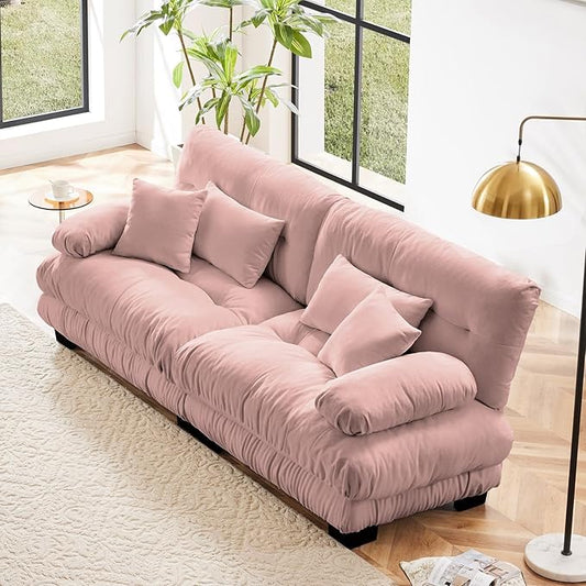 94.4” Loveseat Sofa, 2 Seater Modular Sectional Sofa, Pink Large Sectional Fluffy Couch Set, Chenille Cloud Couch with 4 Pillows, Deep Seat Sofas for Living Room