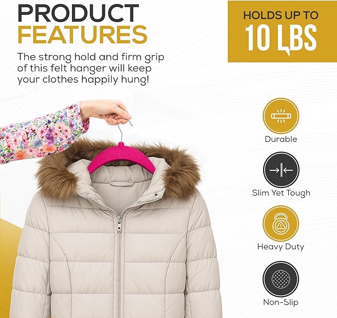 Premium Velvet Hangers 50 Pack Ultra Thin Non Slip Adult Felt Space Saving Suit Hanger for Closet Heavy Duty Coat Pants Jackets Dress Hangers 360° Swivel Hook Hold Upto 10 lbs Dark Pink