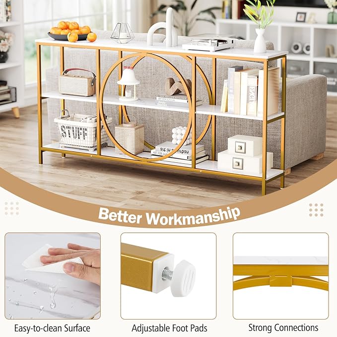 Giantex Narrow Long Console Table, 3-Tier Entryway Table with Faux Marble Top & Heavy-Duty Metal Frame, Mid-Century Accent Sofa Tables with Open Storage Shelves for Living Room, Hallway(White+Gold)