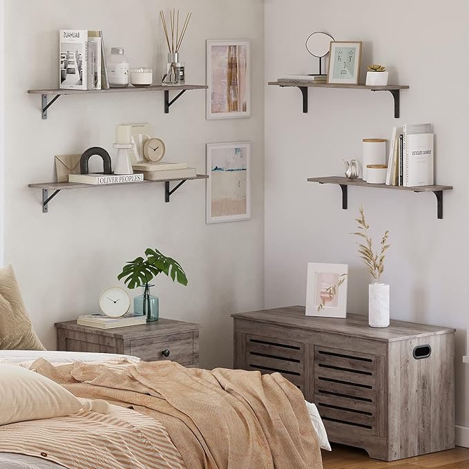 DINZI LVJ Long Wall Shelves, 31.5 Inch Wall Mounted Shelves Set of 2, Easy-to-Install, Floating Storage Ledges with Sturdy Metal Brackets for Living Room, Bathroom, Bedroom, Kitchen, Greige