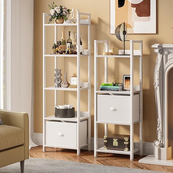 Furologee White 4 Tier Bookshelf with Drawer, Small Narrow Bookcase with Shelves, Modern Free Standing Shelf Unit, Wood and Metal Display Storage Shelves Organizer for Bedroom, Living Room, Entryway