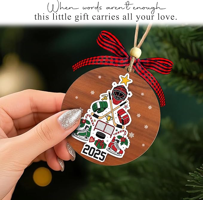 Ice Hockey Christmas Ornament 2025- Ice Hockey Gifts for Players, Family, Friends, Sport Lovers, Coaches - 2 Layer Wooden Hockey Ornaments for Christmas Tree - Sports Wood Hanging Decor Ornaments