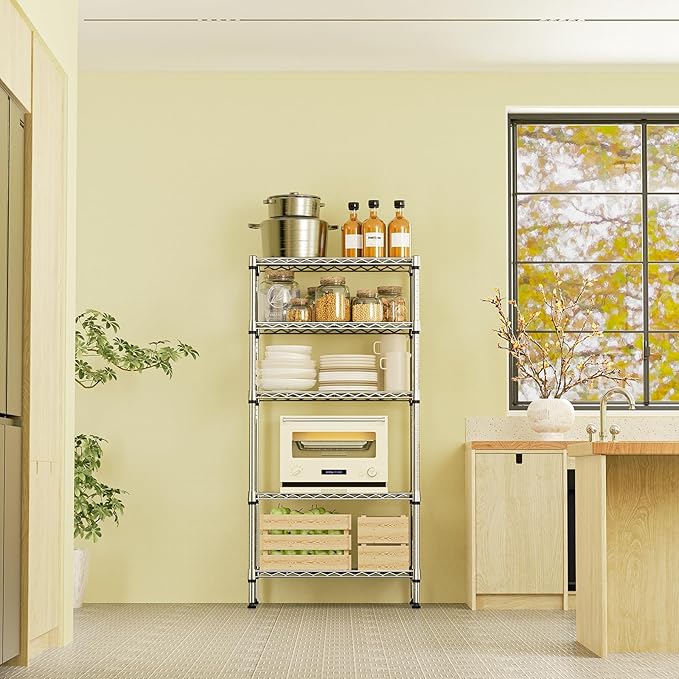 IZEUK 5-Tier Chrome Metal Storage Shelves, Heavy Duty Wire Shelving Unit for Kitchen, Office, Garage, or Home Organization, 1250 lbs Capacity, 13.8" D x 29.5" W x 59.5" H