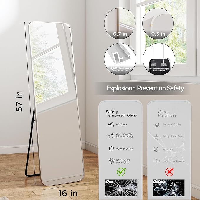57x16 Door Hanging Full Length Mirror, Floor Stand (Height 5.7ft just Body in1.3ft) Wall Mounted Metal Frame Rectangle Dressing Mirrors for Bedroom Bathroom Room 57 inch Silver