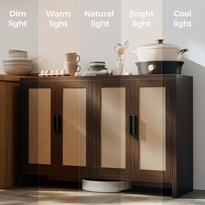 Mericonia Rattan Buffet Cabinet with Storage, Sideboard Cabinet with Doors and Adjustable Shelves, Farmhouse Coffee Bar Station Table, Modern Wood Cupboard for Kitchen, Livingroom, Walnut