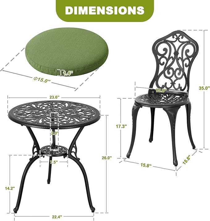 NUU GARDEN Patio 3-Piece Bistro Set with Cushions, Patio Chairs and Outdoor Round Table with Umbrella Hole, Cast Aluminum Patio Set for Lawn, Garden, Porch, Poolside, Black