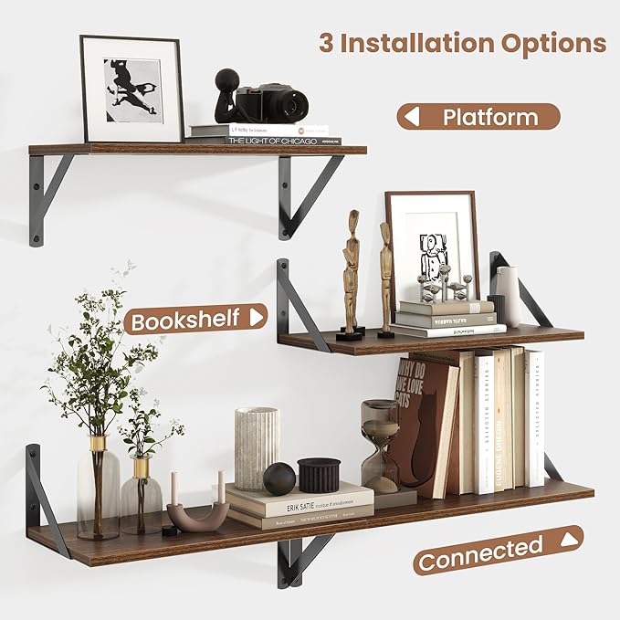 Axeman Floating Shelves | 8 Inch Deep Walnut Wall Shelves Set of 2 | 16W x 8D Rustic Wood Shelves for Bookshelf Living Room Bedroom Home Office Bathroom