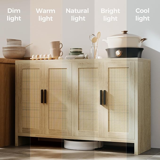 Mericonia Rattan Buffet Cabinet with Storage, Sideboard with Doors, TV Stand, Farmhouse Side Board Coffee Bar, Modern Wood Storage Cabinets for Livingroom, Kitchen and Dining Room (Oak)